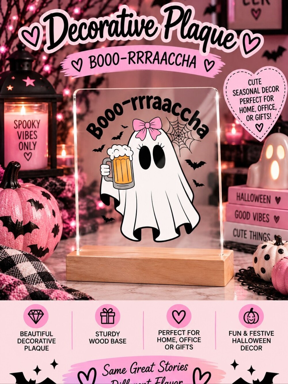 Decorative Pink Ghost Plaque with Beer - Holiday Home Party Decor